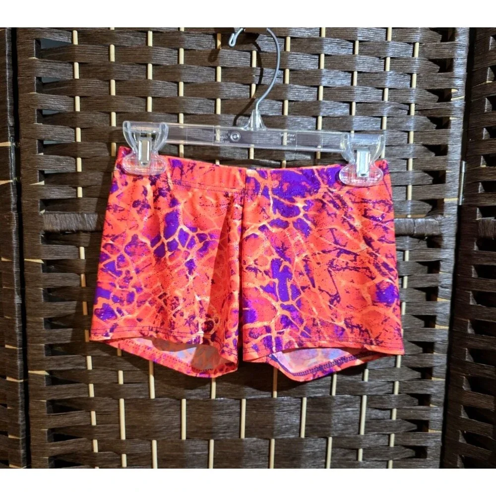 Motionwear Orange Purple Lava Crackle Dance Gym Shorts SA, Fits like Large Child